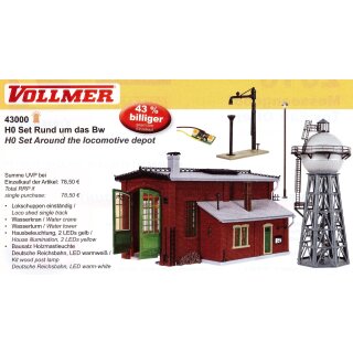 Vollmer 43000 - 1;87 Set "Rund um das BW" Lokschuppen, Wasserkran, Wasserturm, Hausbeleuchtung, Holzmastleuchte