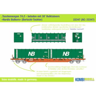 Kombimodell 22347.11 - Spur H0 Taschenwagen T4.2 Wascosa T4.2 mit 2x Bulktainer "Nordic Bulkers" (Bertschi-Tochter) - Behälter lackiert (matt!) 