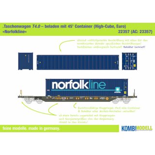 KombiModell 22357.01 - Spur H0 Taschenwagen T4.0 Hupac mit 45 Container "Norfolkline" - NEU! Formneuheit (Behälter) - Behälter lackiert (matt!) 