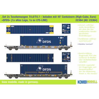 Kombimodell 22364.01 - Spur H0 Taschenwagen T4.0 Hupac 2er-Set mit 2x 45 Container "DFDS" - NEU! Formneuheit (Behälter) - Behälter lackiert (matt!) 