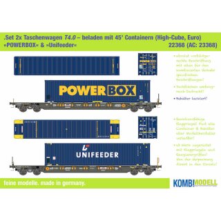 Kombimodell 22368.01 - Spur H0 Taschenwagen 2x T4.0 mit je 1x 45 Container "POWERBOX" und "Unifeeder"