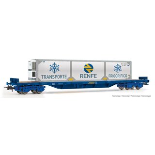 Electrotren HE6007 - Spur H0 RENFE, 4-achs. Flachwagen Rs, mit Kältemittelcontainer "RENFE", blau,Ep. V
