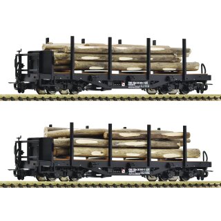ROCO 34582 - Spur H0e ÖBB Rungenwagen vierachsig schwarz unverbreitert SSm/s 36 806-3 + SSm/s 36 866-7 Ybbstalbahn Ep.IV/Ep.V  2er-Set Rundholzbeladung
