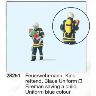 Preiser 28251 - Einzelfigur Exklusivausführung 1:87 "Feuerwehrmann, Kind rettend. Blaue Uniform"