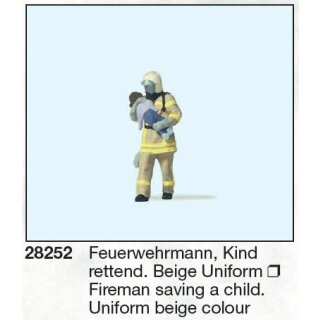 Preiser 28252 - Einzelfigur Exklusivausführung 1:87 "Feuerwehrmann, Kind rettend. Beige Uniform"