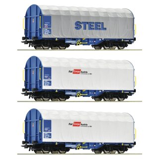 ROCO 77024 - Spur H0 ÖBB Schiebeplanenwagen zweiachsig blau/grau Shimmns "STEEL" "RailCargoAustria" Ep.VI  3er-Set   *UPR*