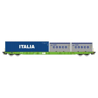 IGRA Modell 96010073 - Spur H0 SETG (SALZBURGER EISENBAHN TRANSPORTLOGISTIK GmbH) Tragwagen Sggnss-XL grün mit Italia 40´ + 2x Cosco OT 20´  Ep.VI