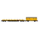 Rivarossi HR6647 - Spur H0 DB Bahnbau, 2-tlg. Set Bauwagen, beinhaltet 1 x Res beladen mit Schwellen sowie 1 x Gs, beide in gelber Farbgebung, Ep. V-VI