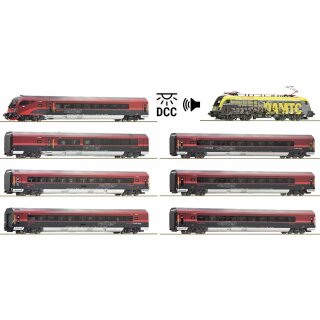 ROCO Railjet-Bundle "ÖAMTC" - Spur H0 ÖBB achtteiliger Railjet "Wien Hbf - Salzburg Hbf" mit ÖBB Elektrolok 1116.153-8 "ÖAMTC"  Ep.VI  Wagen mit Innenbeleuchtung, Lok mit 16bit-Sound