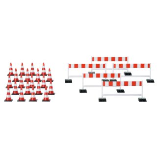 Herpa 052566 - 1:87 Zubehör Pylonen (20 Stück), Absperrschranken (5 Stück), rot/weiß