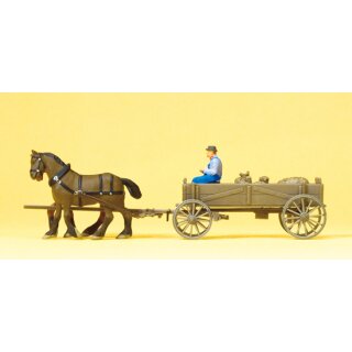Preiser 30411 - Gespann Fertigmodell 1:87 "Kastenwagen. Bauer, 2 Pferde,"
