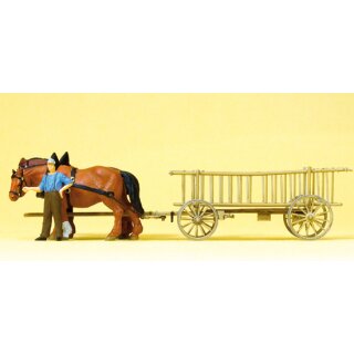 Preiser 30416 - Gespann Fertigmodell 1:87 "Leiterwagen. Bauer, 2 Pferde"